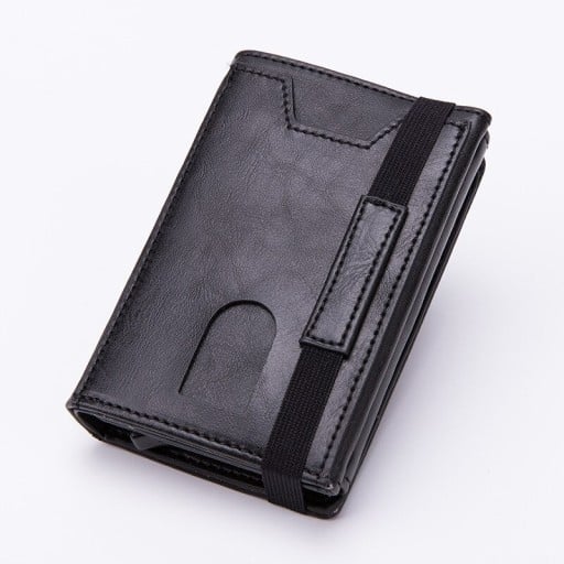 Cestovní pouzdro na doklady a karty z PU kůže a hliníku Pružný pásek Přední kapsa s výřezem pro palec Rozměr 11 x 7,5 x 2,7 cm