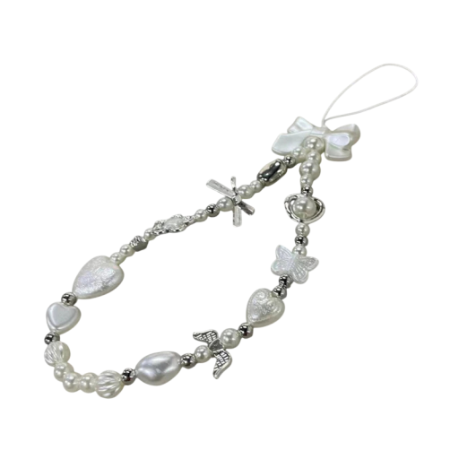 Chaîne de perles pour téléphone Nœud blanc et pendentif floral Cordon décoratif pour mobile Pendentif universel bijou pour téléphone