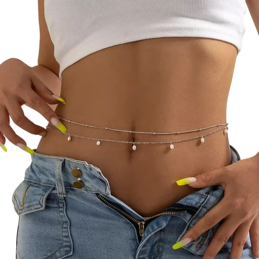 Chaîne de taille abdominale à deux couches d'été 70 + 25 cm Bijou corporel sexy pour femmes Accessoire de festival en ton argenté