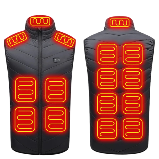 Chaleco calefactable eléctrico USB 5V/2A para hombre, color negro, con 15 zonas de calentamiento, fibra de carbono, 3 temperaturas, hombros, espalda y abdomen, impermeable.