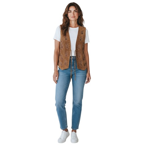 Chaleco de ante para mujer con patrón vegetal bordado y costuras decorativas en los bordes con atado de cordón y escote en V profundo