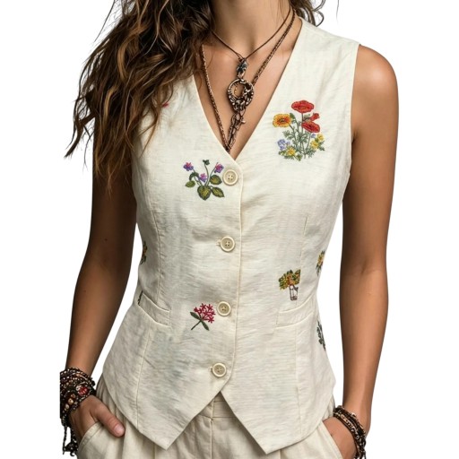 Chaleco de mujer con botones, escote en V y bordados de flores en el frente y en la espalda, con cinturón ajustable y hebilla metálica en la parte posterior