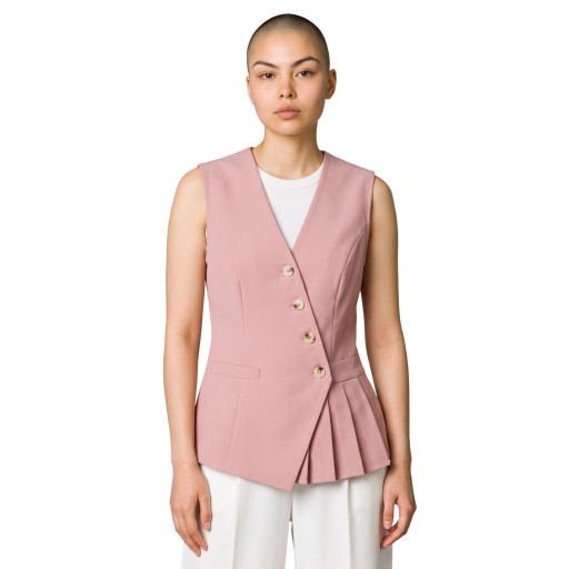Chaleco elegante para mujer con escote en V y cierre asimétrico de botones con pliegues en el borde inferior y costuras moldeadas