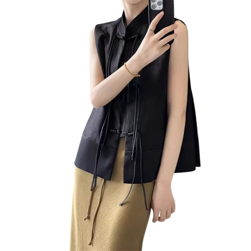 Chaleco jacquard sin mangas para mujer con cuello y cierre de botones