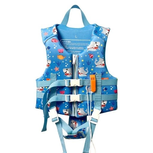 Chaleco salvavidas infantil para niños azul con tiburones chaleco de flotación con cremallera y dos hebillas cinturón de entrepierna asa y silbato