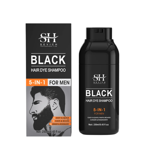 Champú oscurecedor 5 en 1 para cabello y barba negros (250 ml), coloración rápida contra canas, brillo, densidad, crecimiento, champú y acondicionador para hombres.