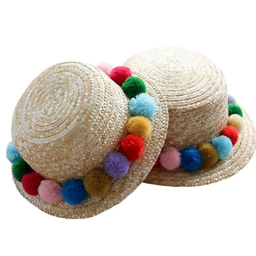 Chapeau en paille pour enfants avec pompons