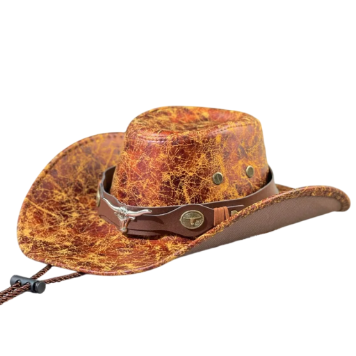 Chapéu de cowboy 56–58 cm com aba larga e faixa decorativa em pele sintética Acessório western estiloso com cordão sob o queixo