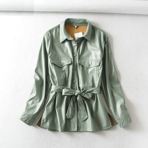 Chaqueta de camisa para mujer de piel sintética Verde salvia Cierre de botones Dos bolsillos en el pecho con solapa Cinturón para atar