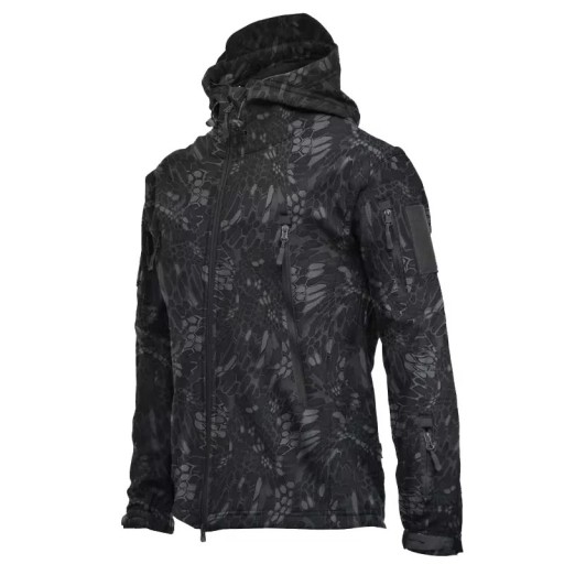 Chaqueta de invierno impermeable para hombre con capucha y cremallera, negra con estampado de camuflaje de serpiente y diseño de piel de serpiente, ALGODÓN POLIÉSTER con bolsillos