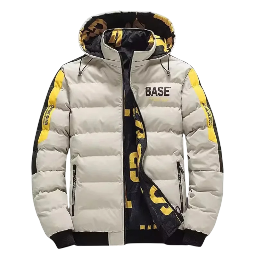 Chaqueta de invierno para hombre con capucha Chaqueta aislante con inscripciones en las mangas y el forro Cierre de cremallera Puños