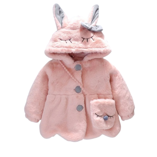 Chaqueta de invierno para niña con botones y pelaje Capucha con orejas, ojos y lazo Abrigo de algodón cálido con bolso de peluche como regalo para pequeñas señoritas