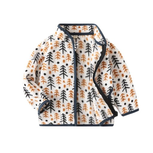 Chaqueta de invierno para niños con cuello alto Chaqueta unisex abrigada con cremallera Chaqueta de felpa blanca con bolsillos Chaqueta de invierno para niños con motivo de árboles naranjas y negros