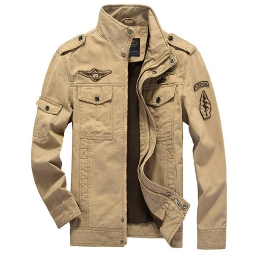 Chaqueta de primavera para hombre con parches Elegante chaqueta ligera con cremallera y bolsillos Chaqueta casual de algodón con cuello Chaqueta militar para tiempo libre