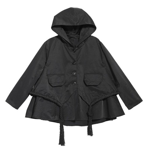 Chaqueta de primavera para mujer con capucha Negra Corte acampanado holgado Cierre de botones Bolsillos con solapa Cuerda con flecos Volante