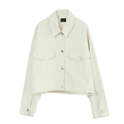 Chaqueta de primavera para mujer de 100% algodón Corte corto con cuello Cierre de botones Dos bolsillos en el pecho con solapa Puños