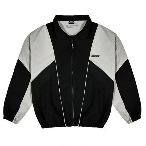 Chaqueta deportiva de hombre en blanco y negro con estampado gráfico en la espalda Cierre de cremallera Cuello Mangas largas Chaqueta de transición