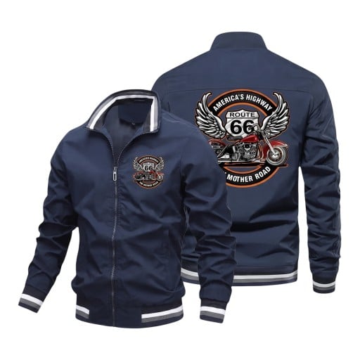 Chaqueta deportiva para hombre con cremallera y cuello alto con estampado de motocicleta con alas en la espalda y el pecho y puños