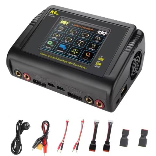 Chargeur d'équilibrage à deux canaux K6+ Pro avec écran tactile, 2x 12 A, AC 200 W / DC 400 W, 14,5 x 10,5 x 6,4 cm, prise EU
