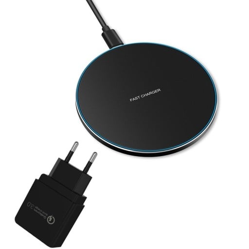 Chargeur sans fil 15 W avec adaptateur secteur 18 W Quick Charge 3.0 pour téléphones avec prise en charge de la charge sans fil Tapis rond Noir