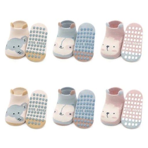 Chaussettes antidérapantes unisexes pour enfants 6 paires avec motifs d'animaux Coton polyester élasthanne