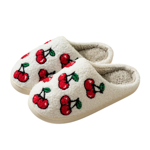 Chaussons en peluche pour adultes avec des cerises Chaussons doux et chauds avec motif fruité Chaussons d'hiver confortables avec semelle antidérapante