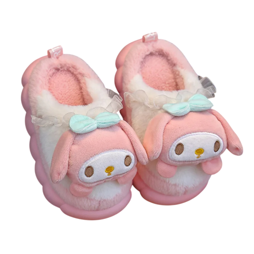 Chaussons roses chauds avec un lapin en peluche et un nœud Style kawaii Chaussons d'intérieur bas Semelle antidérapante douce Chaussons d'hiver mignons