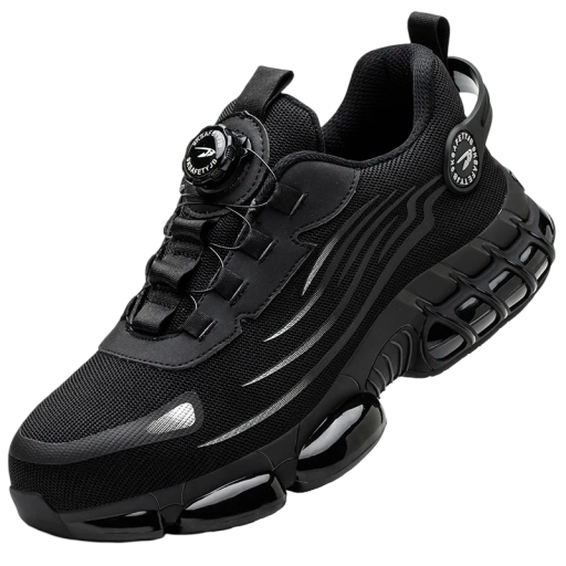 Chaussures de travail pour hommes avec fermeture rotative sportives basses en cuir PU en caoutchouc en microfibre noire semelle structurée pour le travail
