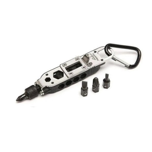 Chave de fendas multifuncional portátil com mosquetão e 4 bits, abridor e espaço de armazenamento para bits, adequada para bicicleta, campismo