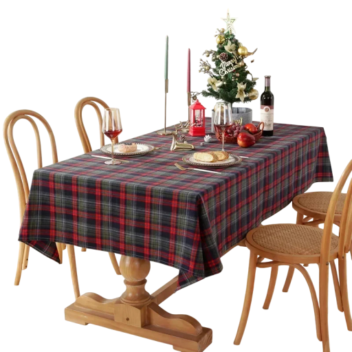 Checked Blue-Red Christmas Tablecloth 140 × 260 cm Woven Colourful Tablecloth for Home Party Dining and Festive Decoration