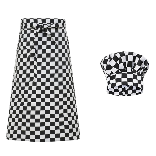 Chef's Hat and Apron Checkered Pattern Polyester Workwear for Cooking Gastronomy with Pocket and Ties