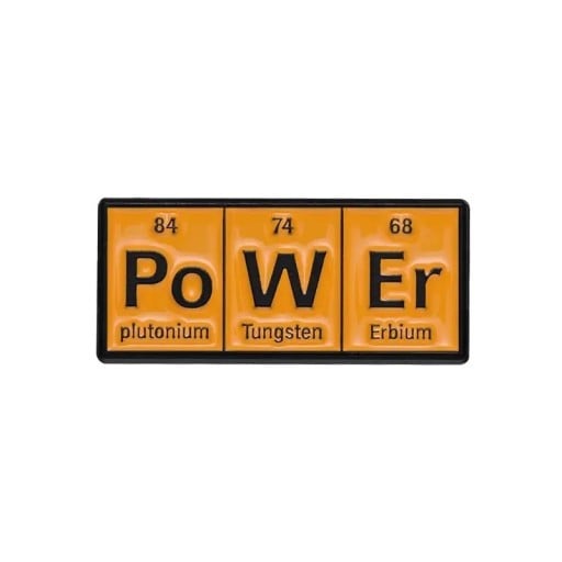 Chemiczna broszka PoWEr układ okresowy około 3 x 1,3 cm metalowy pomarańczowy odznak na ubrania plecak torbę motyw naukowy