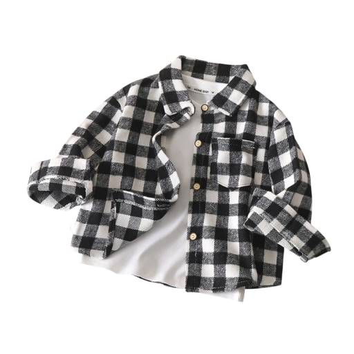 Chemise à carreaux vintage pour enfants à manches longues Noir et Blanc Cardigan élégant à boutonnage simple