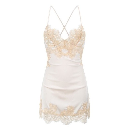 Chemise de nuit pour femmes avec éclat satiné Dentelle beige sur les bonnets et le bas Bretelles fines Dos ouvert lacé Coupe courte