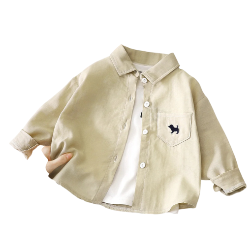 Chemise en coton pour enfants à manches longues et col avec poche brodée de chien Chemise unisexe pour filles et garçons Coupe décontractée