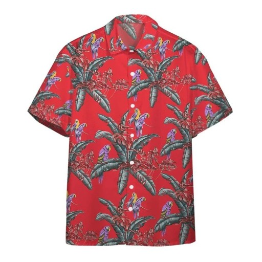 Chemise pour homme à manches courtes en polyester de couleur rouge avec motifs de palmiers et de perroquets, fermeture à boutons avec col