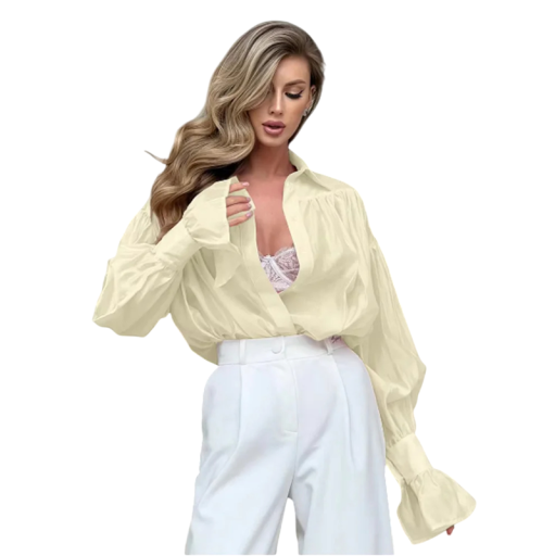 Chemisier ample translucide pour femme avec col Manches longues Manches à volants Matière légère et aérée Style élégant pour l’été