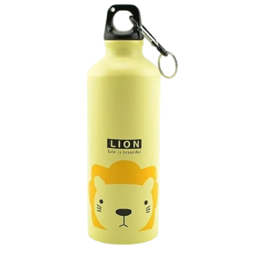 Children's Aluminium Water Bottle 500 ml Yellow Tourist Bottle for Kids Lion Motif 21 x 6.5 cm School Sports Bottle Drinking Spout and Cap