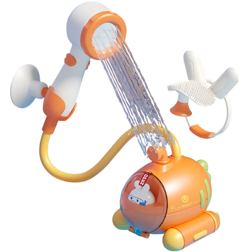 Children's Bath Submarine 10 cm with Electric Shower 12 cm Orange Water Toy with Interchangeable Attachments and Suction Cups