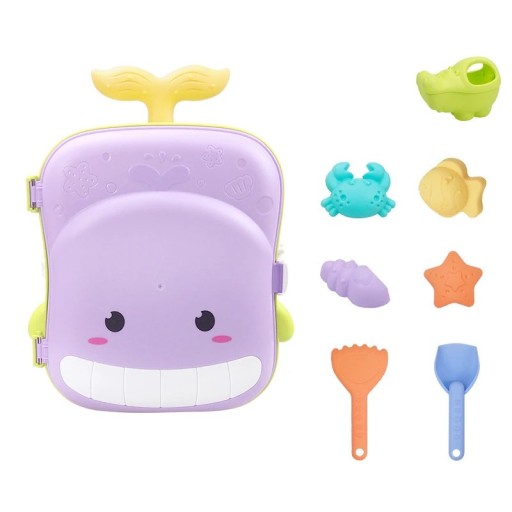 Children's Beach Toy Set in a Purple Whale-Shaped Case with Watering Can, Spade, Rake and Moulds for the Beach and Sandpit
