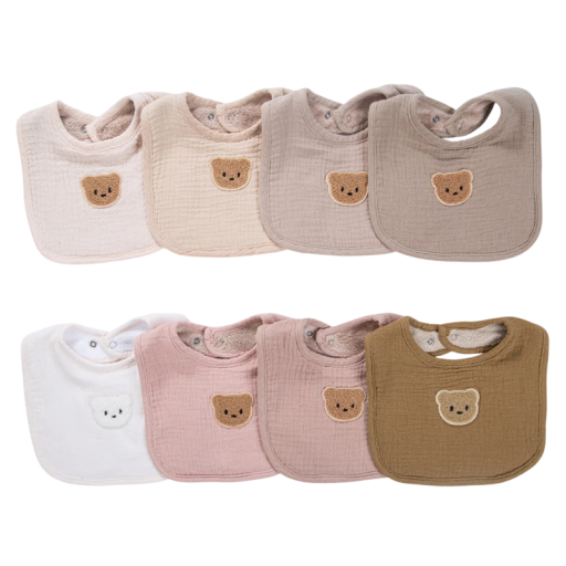 Children's Bib and Dribble Bib with Bear Patch Size 19 x 19 cm Round Cut with Bound Edge and Neck Cut-out Snap Fastening