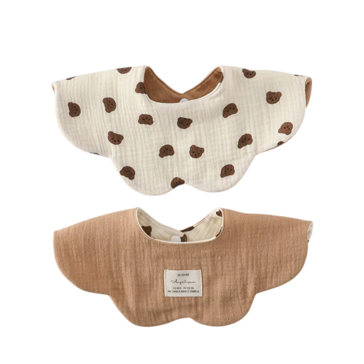 Children's Bib with Double-Sided Design Beige Side with Bear Faces Caramel Brown Smooth Side Wavy Edge Snap Fastener at Neck