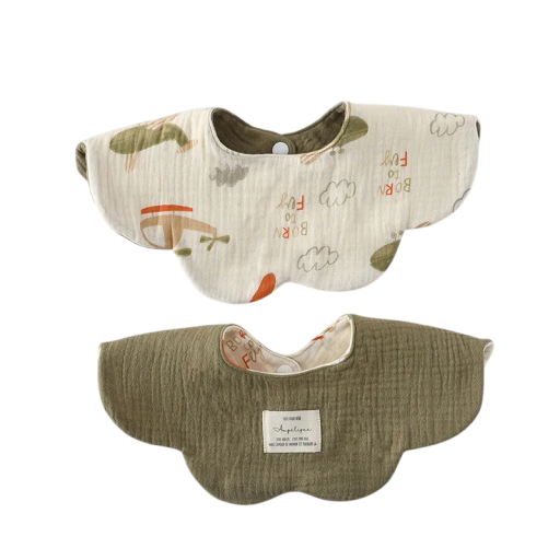 Children's Bib with Reversible Design Beige Side with Helicopters and Clouds Olive Green Smooth Side Wavy Edge Press Stud at Neck
