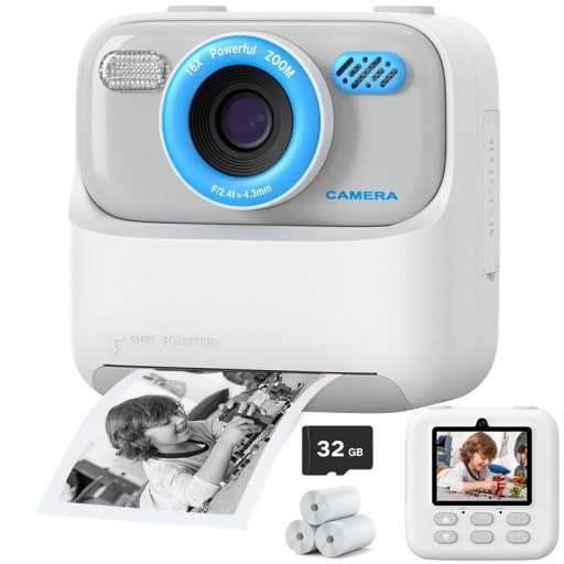 Children's Camera with Instant Print and 16x Zoom with 1080p Video, Music Player and Games with 2.4" IPS Display and 32 GB Card
