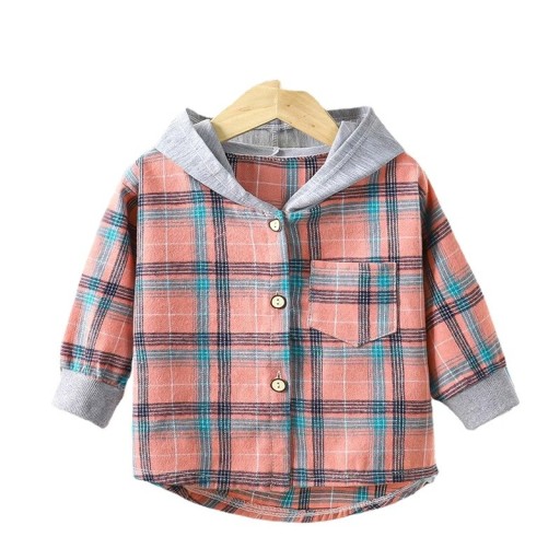 Children's Checked Hooded Shirt Cotton Polyester Girls' and Boys' Jacket for Spring and Autumn Long Sleeve Stylish Button-Up Coat