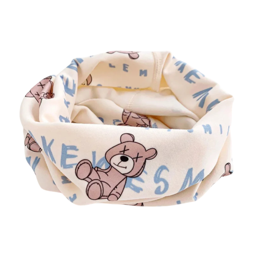 Children's Circular Scarf 30 x 22 cm Cotton Over Head Beige with Bear Motif Soft Comfortable Accessory for Boys and Girls Warm Elastic Scarf for Everyday Wear