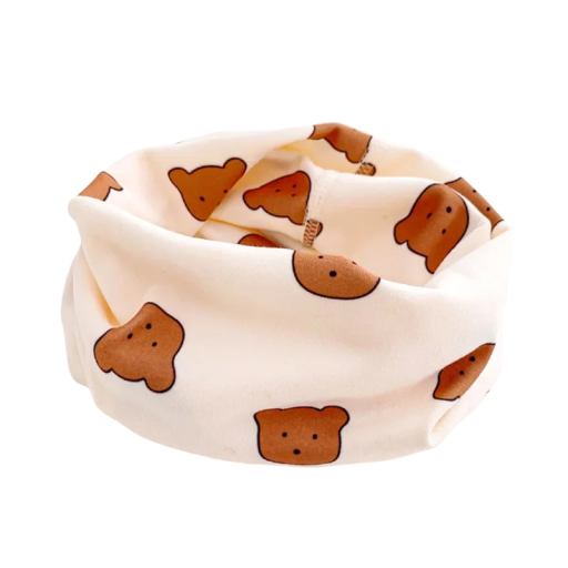 Children's Circular Scarf 30 x 22 cm Cotton Over Head Beige with Bear Motif Soft Comfortable Accessory for Boys and Girls Warm Stretchy Scarf for Everyday Wear