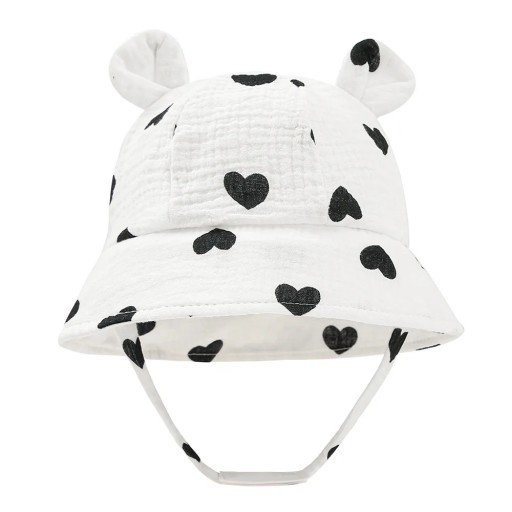 Children's Cotton Hat with Ears White Black Hearts with Ties Head Circumference 35–39 cm Brim 27 cm Depth 11 cm Hat 3–12 Months