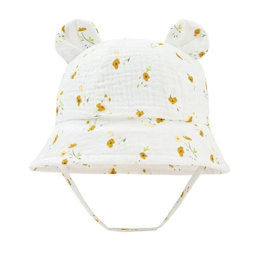 Children's Cotton Hat with Ears Yellow Flowers with Ties Head Circumference 35–39 cm Brim 27 cm Depth 11 cm Hat 3–12 Months