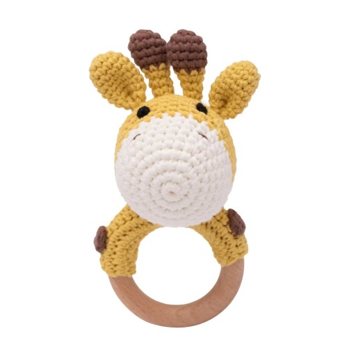 Children's Crochet Rattle with Wooden Ring for Gripping, Giraffe, Ideal for Developing Motor Skills and Hearing